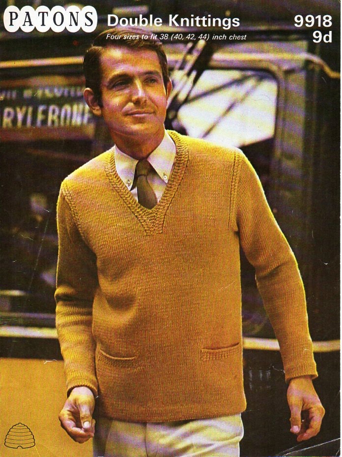 Vintage mens DK sweater knitting pattern pdf mans v neck | Etsy