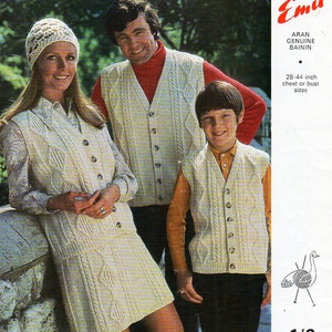 vintage aran waistcoat skirt suit knitting pattern PDF womens mens cable vest gilet cable skirt 28-44&quot; aran worsted 10ply instant download