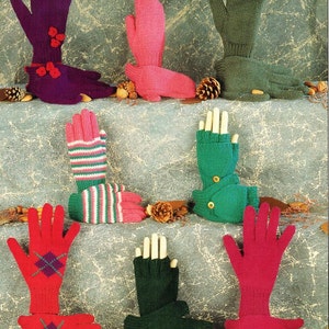 May include: Assortment of knitted gloves in various colours and patterns, including green, pink, red, and purple. Some gloves are fingerless, while others are full fingered.