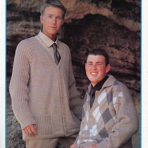 mens Argyll cardigan knitting pattern pdf v neck collar rib sleeve jacket 36.5-46inch chest DK light worsted 8ply yarn pdf instant download