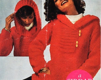 vintage womens hooded sweater knitting pattern pdf ladies chunky jumper with hood 32-42" chenille chunky bulky 12ply pdf instant download