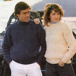womens mens fishermans rib sweater knitting pattern pdf ladies round neck ribbed jumper 32-42 inch Aran Worsted 10ply pdf instant download