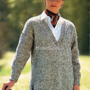 Womens Knitting Pattern pdf Long V Neck Sweater Side Vents ladies Tunic 32-46&quot; larger sizes aran worsted 10ply PDF instant download