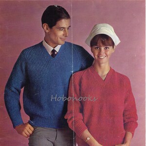 vintage womens mens rib sweater knitting pattern pdf ladies ribbed v neck jumper 34-44&quot; DK light worsted 8ply instant download