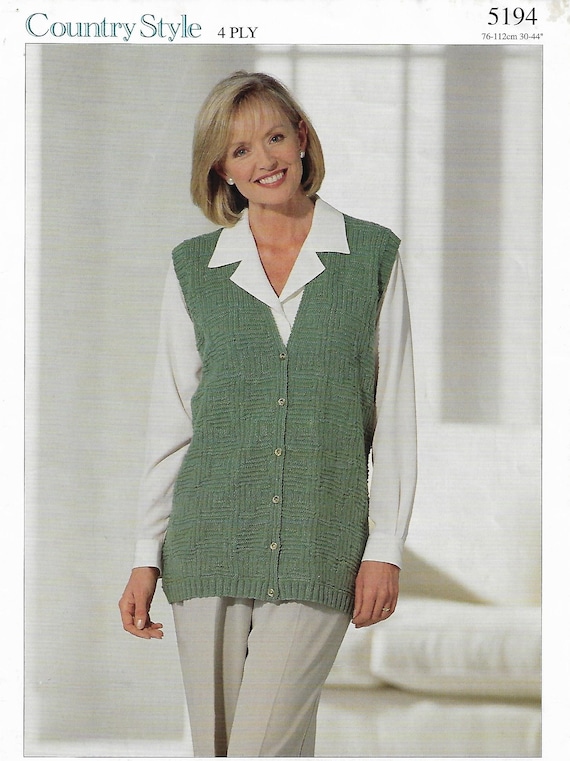 womens long waistcoat knitting pattern pdf ladies gilet vest 30-44