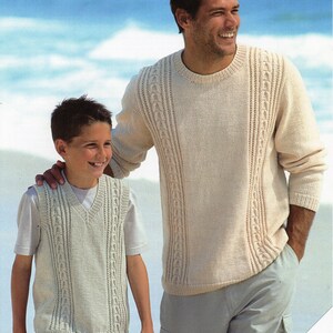 May include: A knitting pattern for a cream colored sweater and vest. The pattern is called "Wash'n'Wear Crepe Double Knitting" and the pattern number is 5065. The pattern includes sizes 71-123cm (28-50").