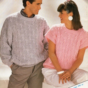 womens mens cable sweater knitting pattern pdf adies cable crew neck jumper short sleeve 32-44&quot; DK light worsted 8ply pdf instant download