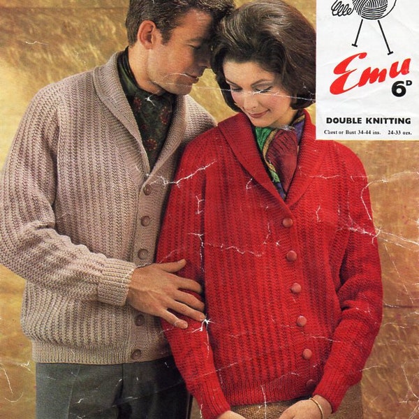 vintage womens mens shawl collar cardigan knitting pattern pdf ladies roll neck rib jacket 34-44" DK light worsted 8ply pdf instant download