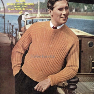 vintage mens sweater knitting pdf mens ribbed jumper round neck rib sweater 38-42&quot; DK light worsted 8ply PDF instant download