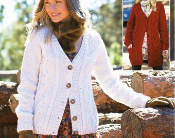 womens aran cardigan knitting pattern pdf ladies cable jacket long or short length larger sizes 32-54" aran worsted 10ply instant download