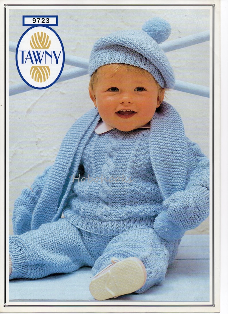 vintage baby knitting pattern pdf baby pram set sweater trousers mitts beret scarf 17-22 DK light worsted 8ply PDF instant download