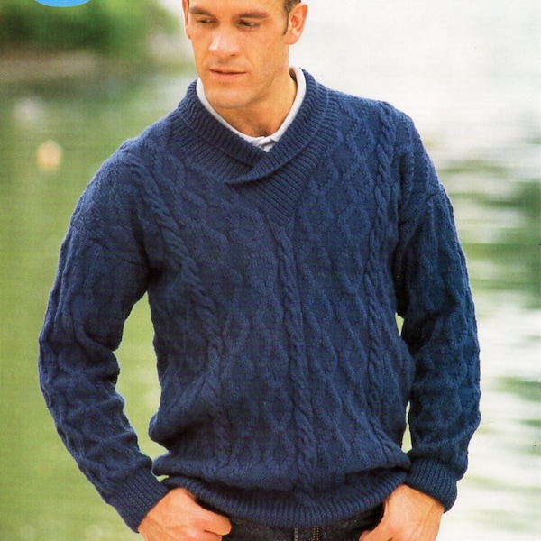 vintage mens sweater knitting pattern pdf mans shawl collar cable jumper 36-46" DK light worsted 8ply pdf instant download