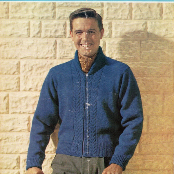 vintage mens zipper cardigan knitting pattern pdf cable jacket with zip 38-44inches DK light worsted 8ply PDF instant download