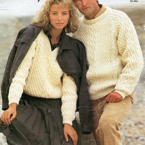 womens mens aran sweater knitting pattern pdf ladies cable jumper v neck crew neck unisex 32-44&quot; aran worsted 10ply Instant download