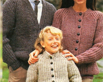 family fishermans rib cardigan knitting pattern pdf womens mens childrens chunky rib jacket 26-42" chunky bulky 12ply pdf instant download