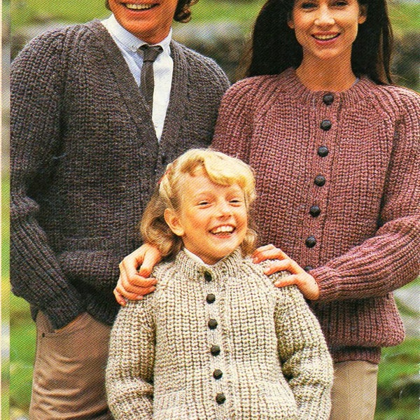 family fishermans rib cardigan knitting pattern pdf womens mens childrens chunky rib jacket 26-42" chunky bulky 12ply pdf instant download