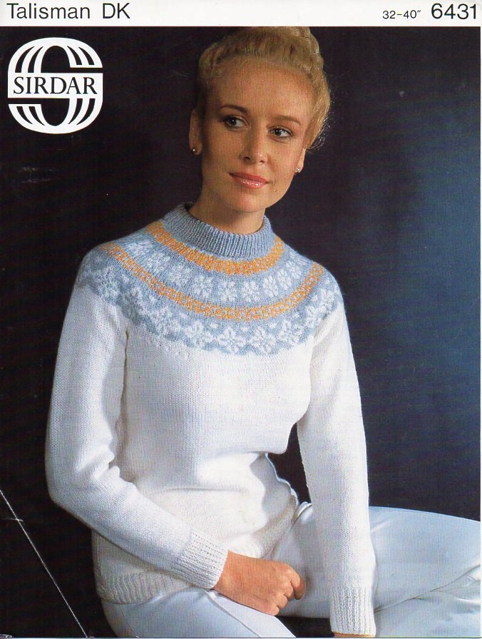 vintage womens fair isle sweater knitting pattern pdf ladies girls fairisle yoke jumper 23-2934-40 aran worsted 10ply pdf instant download