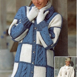 May include: A blue and white knitted cardigan with a button closure. The cardigan has a cable knit pattern and a checkered design.