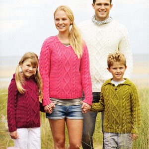 aran sweater knitting pattern pdf womens mens childrens cable jumper hood collar v round neck 24-46&quot; aran worsted 8ply pdf instant download