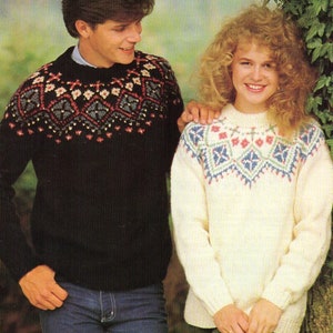 womens mens fair isle sweater knitting pattern pdf Icelandic fairisle yoke jumper 32-44 inch chest Chunky Bulky 12ply pdf instant download