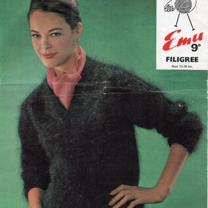 vintage womens mohair sweater knitting pattern pdf ladies mohair jumper v neck 32-38inch 10Ply Mohair pdf instant download