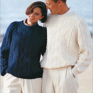 womens mens aran sweater knitting pattern pdf ladies cable jumper crew neck 32-44&quot; aran worsted 10ply pdf instant download