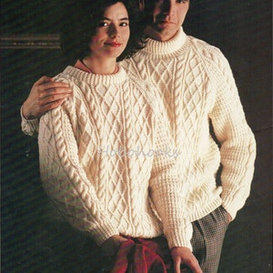 Ladies mens aran sweater knitting pattern womens cable jumper crew neck polo neck 32-44&quot; ARAN worsted 10ply Unisex  PDF instant download