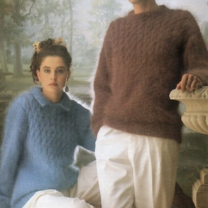 womens mens mohair sweater knitting patterns PDF ladies cable jumper collar 30-44 inch chest 10ply mohair pdf instant download