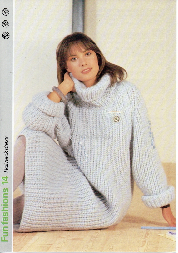womens dress knitting pattern pdf chunky fishermans rib polo neck tunic  Ladies Dress 82-97cm chunky bulky 12ply pdf instant download