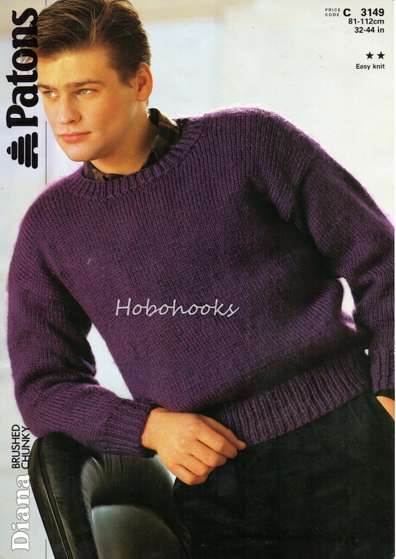 Mens Sweater Knitting Pattern Pdf Mens Jumper Chunky Sweater Round Neck 32 44 Chunky Bulky 12ply Pdf Instant Download