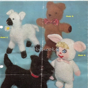 vintage toy knitting pattern pdf scottie dog teddy bear lamb baby bunting soft toys 9-10&quot;various yarns PDF instant download