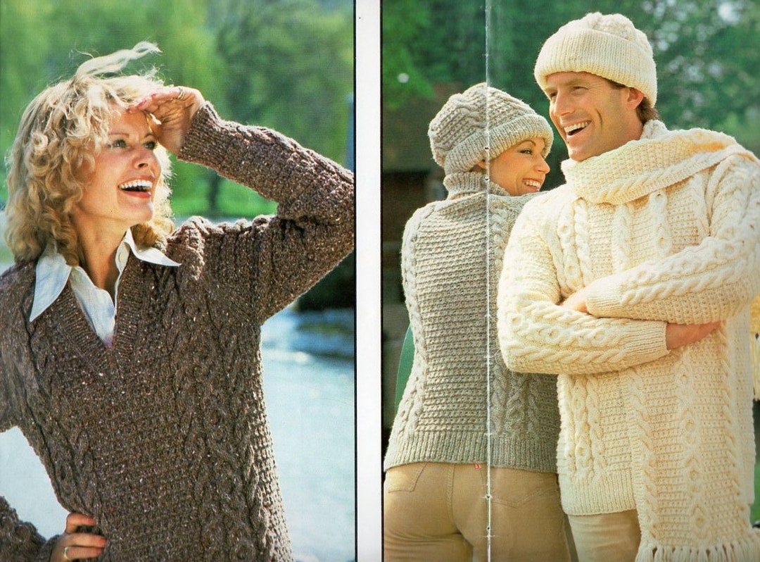 Vintage Aran Sweater Hat Scarf Knitting Pattern Pdf Womens Mens Cable ...