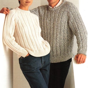 womens / mens  sweaters knitting pattern pdf download round neck wide rib jumper 30-48 inch aran worsted 10 ply yarn unisex knitting pattern