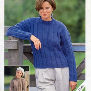 womens rib sweater knitting pattern pdf ladies high neck ribbed jumper 26-44 inch chest Aran Worsted 10ply yarn pdf instant download