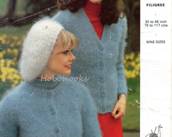 womens mohair cardigans & beret knitting pattern vintage 1970s 30-46 inch 10 ply mohair womens knitting pattern PDF instant download
