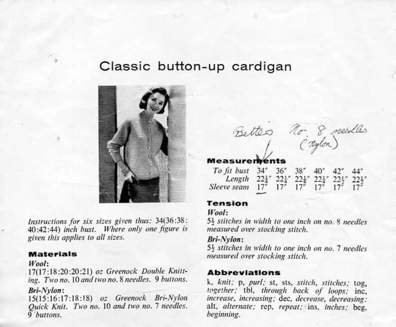 May include: A black and white photo of a woman wearing a button-up cardigan. The image includes instructions for knitting the cardigan in six sizes: 34, 36, 38, 40, 42, and 44 inches. The instructions include materials, tension, and abbreviations.