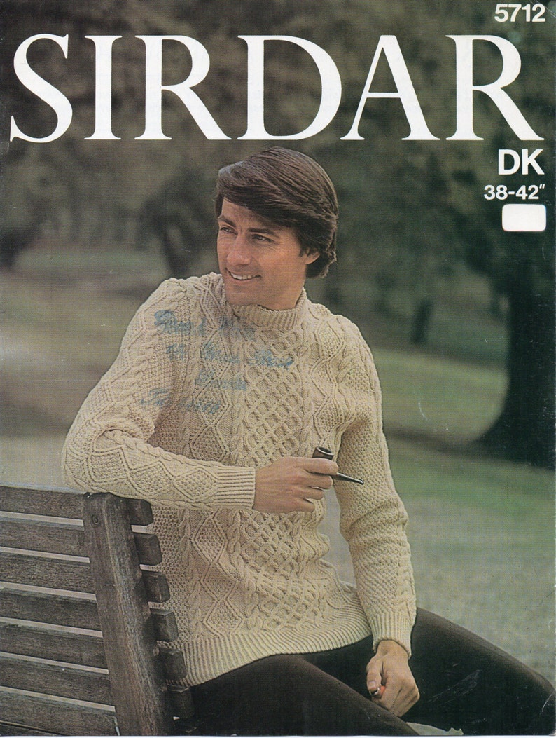 vintage mens aran sweater knitting pattern pdf mans cable jumper crew neck 38-42 inch DK light worsted 8ply PDF Instant Download