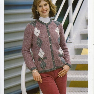 womens cardigan knitting pattern pdf ladies Argyll diamond pattern jacket 30-44 inch chest DK light worsted 8ply yarn pdf instant download