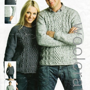 womens mens aran sweater knitting pattern pdf ladies cable jumper round neck 34-48&quot; aran worsted 10ply pdf instant download