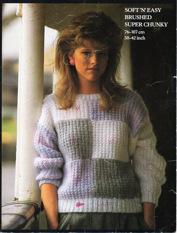 womens patchwork sweater knitting pattern pdf ladies jumper super chunky 30-42