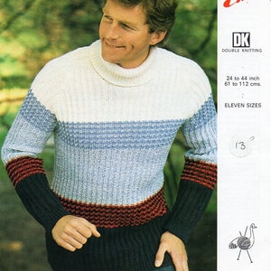 vintage mens rib sweater knitting pattern pdf mens ribbed jumper polo neck 24-44&quot; DK light worsted 8ply pdf instant download