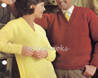 vintage womens mens classic sweater knitting pattern pdf ladies chunky v neck jumper 34-44 inch chunky bulky pdf instant download