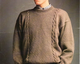 vintage mans sweater knitting pattern pdf mens jumper cable round neck 36-46" DK light worsted 8ply pdf instant download