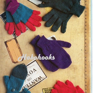 May include: Five pairs of knitted gloves in different colors and styles. The gloves are made of a soft, textured yarn. The gloves are arranged on a brown surface with various labels and signs.