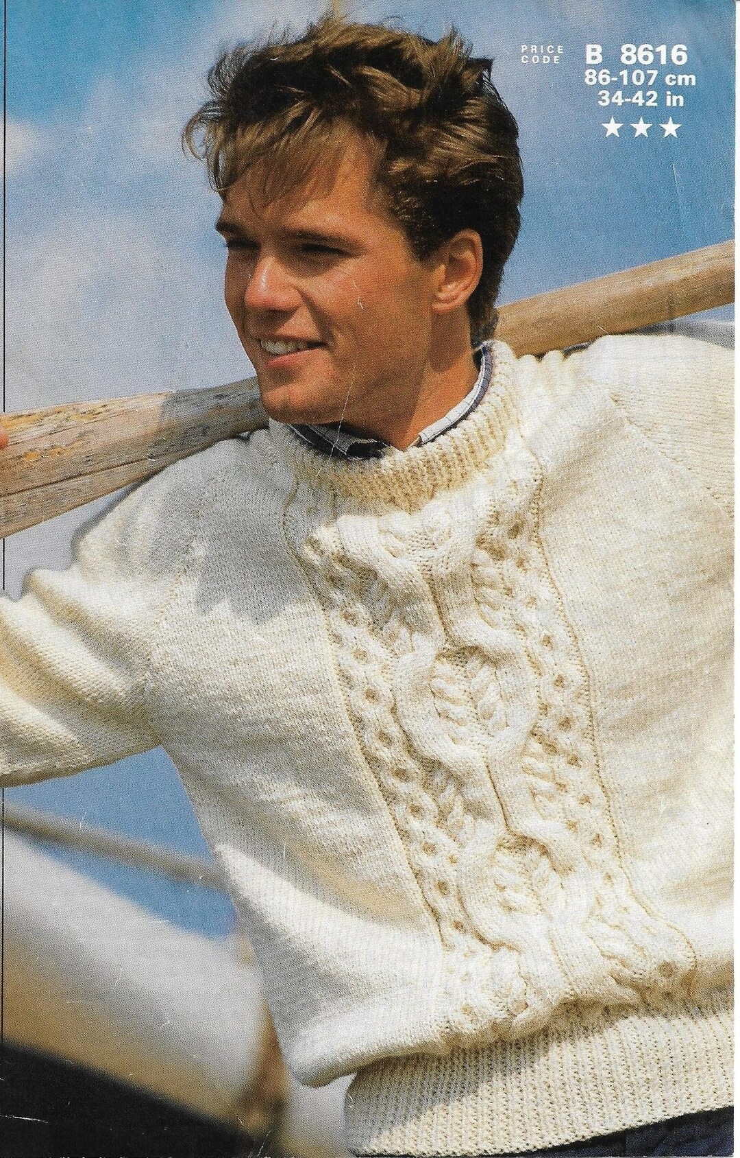 Mens Cable Sweater Knitting Pattern Pdf Mens Cable Jumper Crew Neck 34 ...