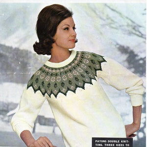 vintage womens fair isle sweater knitting pattern pdf ladies fairisle jumper fair isle yoke 34-38&quot; DK light worsted 8ply instant download