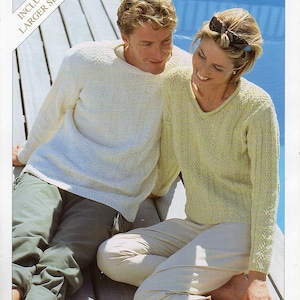 womens mens sweater knitting pattern pdf ladies v/ round neck textured jumper larger sizes 32-50inch DK Lt Worsted 8ply PDF instant download