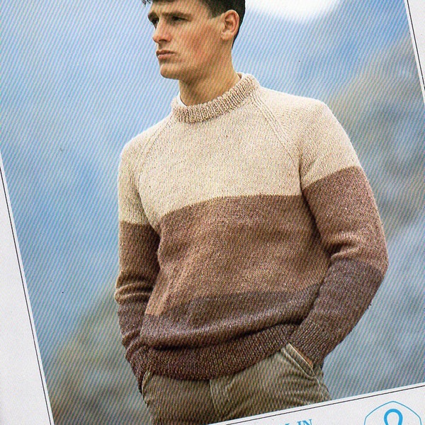 mens sweater knitting pattern pdf download striped raglan jumper 32-46 inch chest DK light worsted 8ply yarn pdf instant download