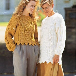 womens aran sweater tunic knitting pattern pdf ladies cable crop jumper leaf pattern sweater 30-40" aran worsted 10ply pdf instant download