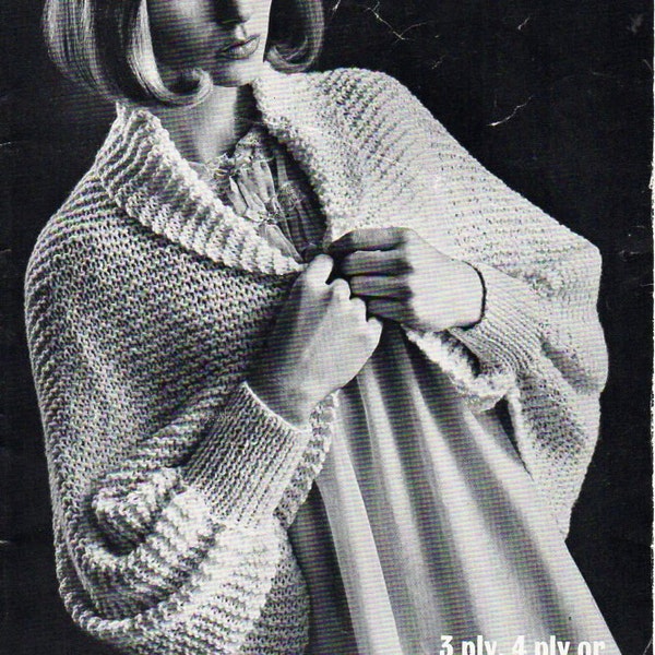 Womens All in One Bedjacket Womens Knitting Pattern PDF Download shawl collar cardigan Bed Jacket Vintage 60s One Size 3 ply 4 ply DK  8 ply